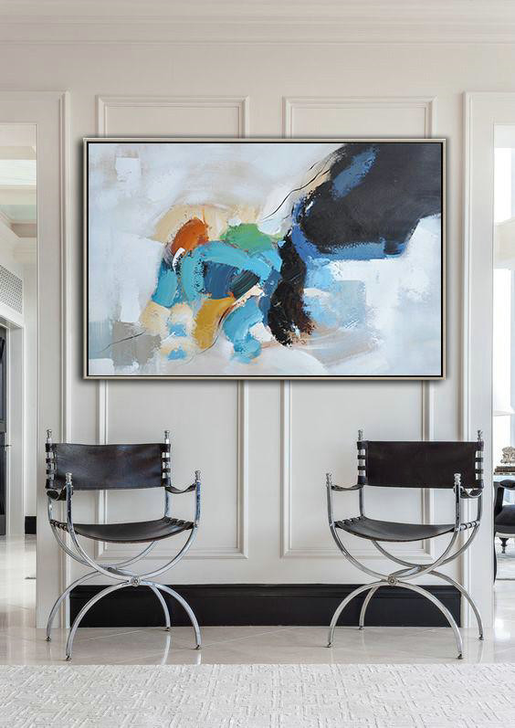 Large Wall Canvas Paintings,Oversized Horizontal Contemporary Art,Modern Paintings,White,Black,Grey,Blue,Yellow.etc